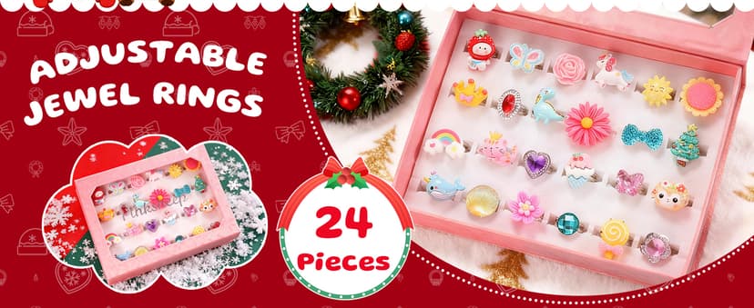 PinkSheep Little Girl Jewel Rings in Box, Adjustable, No Duplication, Girl Pretend Play and Dress Up Rings (24 Lovely Ring)