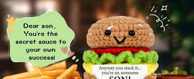 Mini Birthday Gift for Son from Dad Mom Handmade Crochet Burger for New Dad Son-in-Law Adult Sons New Father Christmas Basket Idea from Parents to Sons from Mother Father