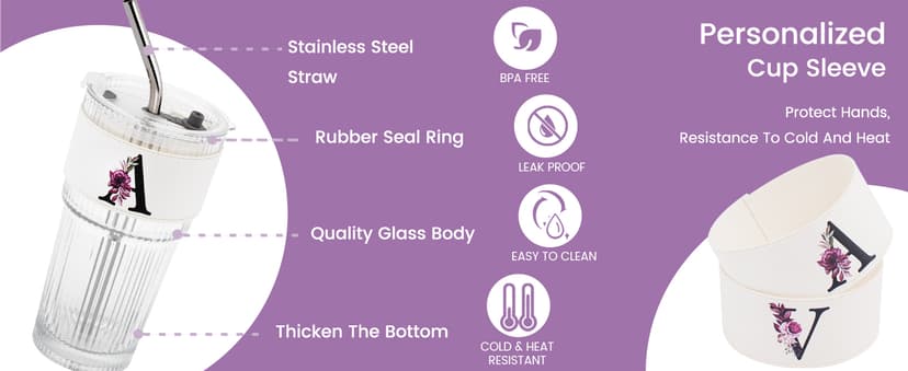 Initial Glass Cup with Lid Straw Ribbed Ice Tea Clear Tumbler Her Sister Coffee Matcha Latte Girlfriend Gf Aunt Best Friend Friendship Bestie Wife Cute Asthetic Unique Birthday Personalized Gift K