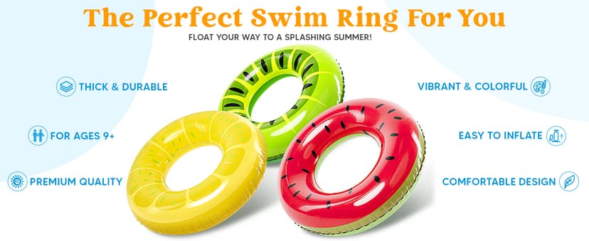 JOYIN Inflatable Swim Tube Raft (3 pack) with Summer Fruits Painting, Pool Toys for Swimming Pool Party Decorations