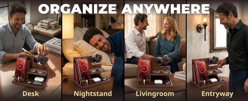 TESLYAR Wood Phone Docking Station for Men - Desktop or Nightstand Organizer - Birthday Gifts for Men, Dad - Anniversary Idea from Wife - Key Holder, Stand Wallet, Watch & Essentials (Bourbon Brown)