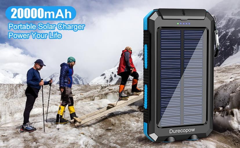 Solar Charger Power Bank, 20000mAh Portable Outdoor Waterproof Solar Battery Charger, Camping External Backup Battery Pack USB C Ports Input/Output, 2 Led Light Flashlight with Compass (Blue)