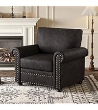 ONBRILL Faux Leather Sofa, 84 Inches Nailhead Trim Couch for Living Room, Mid-Century Modern Deep Seat Sofa with Rolled Arms, Classic 3 Seater Couch for Apartment, Office, Brown