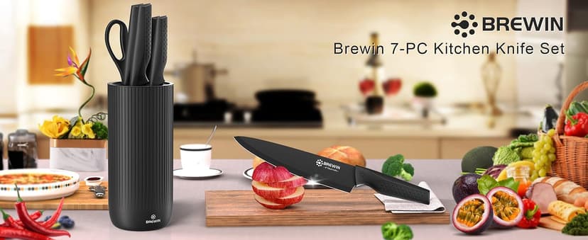 Knife Set, Brewin Kitchen Knife Set, Knives Set for Kitchen, Universal Knife Block, Utility Knife Block Set, New Home Essentials, Apartment Essentials, Dishwasher Safe