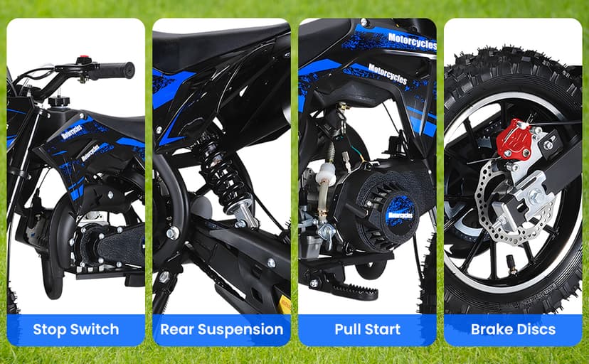 50CC Dirt Bike, 2-Stroke Kids Dirt Bike with 10-Inch Off-Rode Tire, Mini Bike with Front and Rear Disc Brake, Up to 25 Mph, Mini Bikes for Kids 8-14 Weight Support Up to 330 LBS Blue