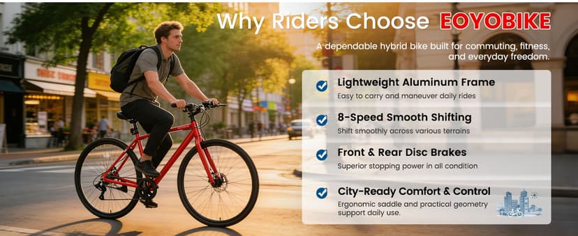 MOONCOOL Hybrid Bike for Men, 700C Aluminum 29LBS Ultra-Light 8-Speed Commuter Bike, 350lb Capacity, 29" Adult Urban Bicycle, Dual Disc Brakes, for Tall Men&Women, 85% Pre-Assembled