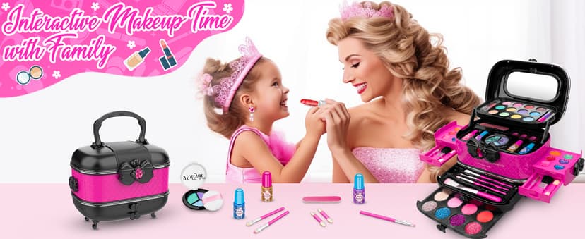 Hollyhi 58 Pcs Kids Makeup Kit for Girl, Princess Toys Real Washable Cosmetic Set with Mirror, Kids Makeup Sets for Girls, Play Make Up Birthday Gifts for 3 4 5 6 7 8 9 10 11 12 Years Old Kid (Rose)
