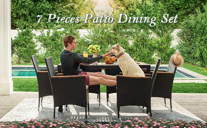 Flamaker 7 Piece Patio Dining Set Outdoor Acacia Wood Table and Chairs with Soft Cushions Wicker Patio Furniture for Deck, Backyard, Garden