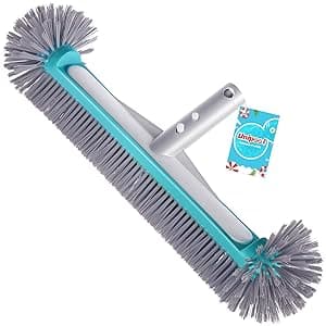 Swimming Pool Brush Head with Round Ends,17.5" Heavy Duty Aluminum Back Head for Cleans Walls, Tiles & Floors, 7 Rows Premium Nylon Bristles with EZ Clips (Blue Grey)