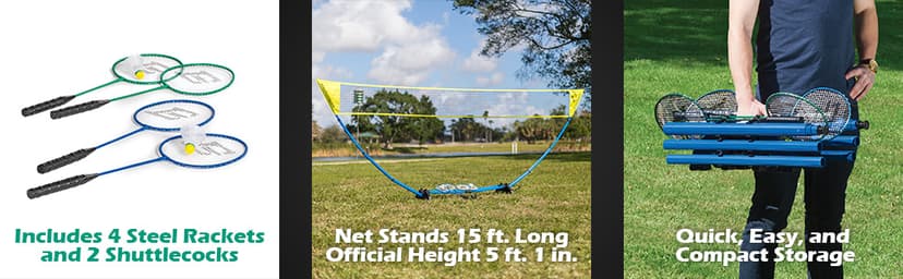 EastPoint Easy Setup Badminton Set - 5 ft Net, 4 Rackets, 2 Shuttlecocks - Quick Setup Net for Backyard Games - Steel Shaft Badminton Rackets for Family Games - Durable Shuttlecocks for Outdoor Sports