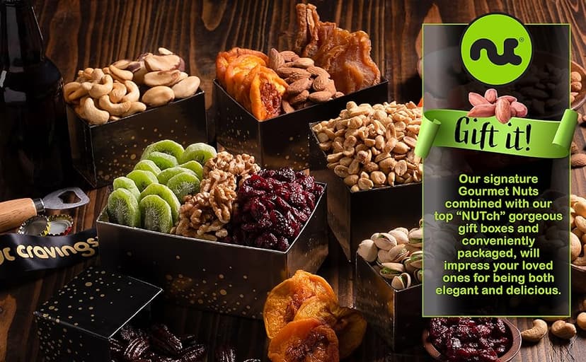NUT CRAVINGS - Diwali Sweets Hamper Dried Fruit & Mixed Nuts Gift Basket in Black Tower + Ribbon (12 Assortments) Food Arrangement, Healthy Snack Care Package, Food Assortments