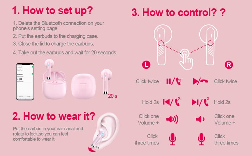 Wireless Earbuds, Bluetooth 5.4 Earbuds Stereo Bass, Bluetooth Headphones in Ear Noise Cancelling Mic, Wireless Earphones IP7 Waterproof Sports, 32H Playtime Mini USB C Charging Ear Buds Light Pink