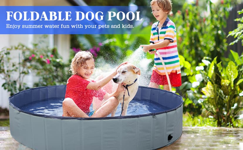 Foldable Dog Pool, Portable Pet Bath Tub and Kiddie Swimming Pool, Collapsible Bathtub for Puppies, Small, Medium and Large Dogs, Cats and Kids, 32 x 8 in, Gray
