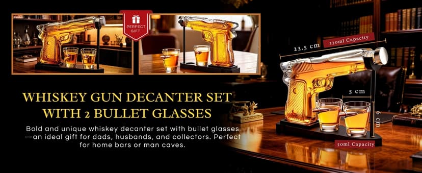 Gifts for Men Dad, 10.1 Oz Whiskey Gun Decanter Set + 2 Bullet Glasses - Unique Birthday Pistol Gift Ideas Daughter Son, Personalized Liquor Dispenser - Scotch Bourbon Vodka, Him, Brother Husband