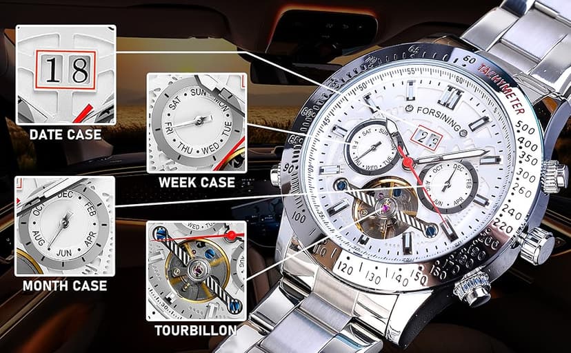 FORSINING Men Tourbillon Mechanical Self-Wind Watch, Day Date Month Full Calendar, Luminous Tachymeter Multifunctional Automatic Watches, Carved Big Dial Stainless Steel Band Wrist Watch
