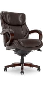 La-Z-Boy Delano Big and Tall Executive Office Chair - Ergonomic Lumbar Support Memory Foam - Bonded Leather Desk Chair for Home Office - Mahogany Wood Arms - Black