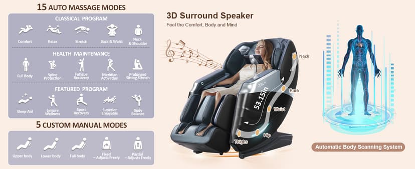 RELX Massage Chair Full Body, 20 Modes Zero Gravity SL-Track Shiatsu Massage Chair Built-in Heat System, Airbag Massage with Body Scan, Deep Yoga Stretch, Calfrest Extension and AI Control(Black)