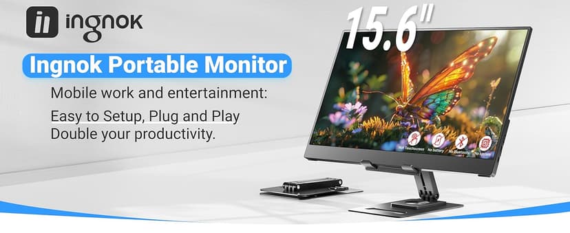 Ingnok Portable Monitor, Ultra Slim 15.6 Inch FHD IPS Laptop Screen Extender with Adjustable Stand, USB C Compatible, Ideal for Travel and Office