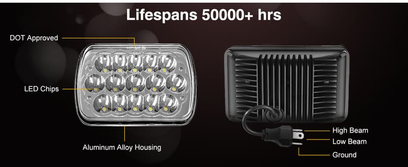 Partsam 2PCS Rectangle H6054 LED Headlights 5x7 7x6 Headlamp Hi/Low Sealed Beam H4 9003 Plug 6054 H5054 Compatible with S10 Blazer Express Van/Wrangler YJ XJ Cherokee Truck Van