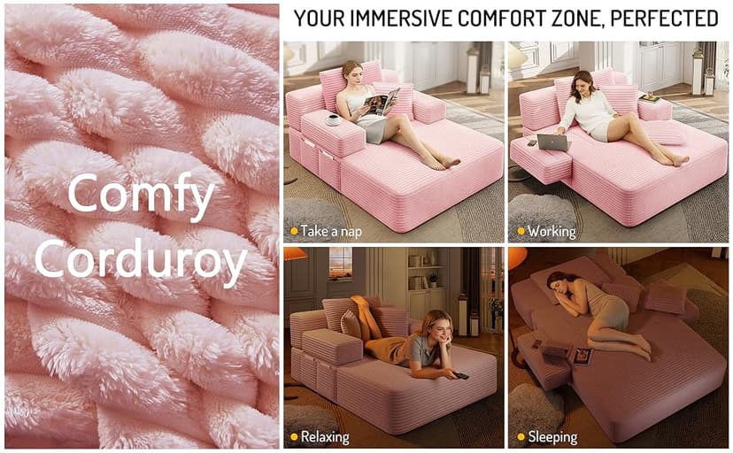 2 in 1 Corduroy Chaise Lounge Chair Indoor, 60'' Oversized Boneless Sofa Chaise Lounge with Pocket, Plush Cozy Deep Seat Couch Chair for Living Room, Bedroom, Small Spaces, RV (Pink)