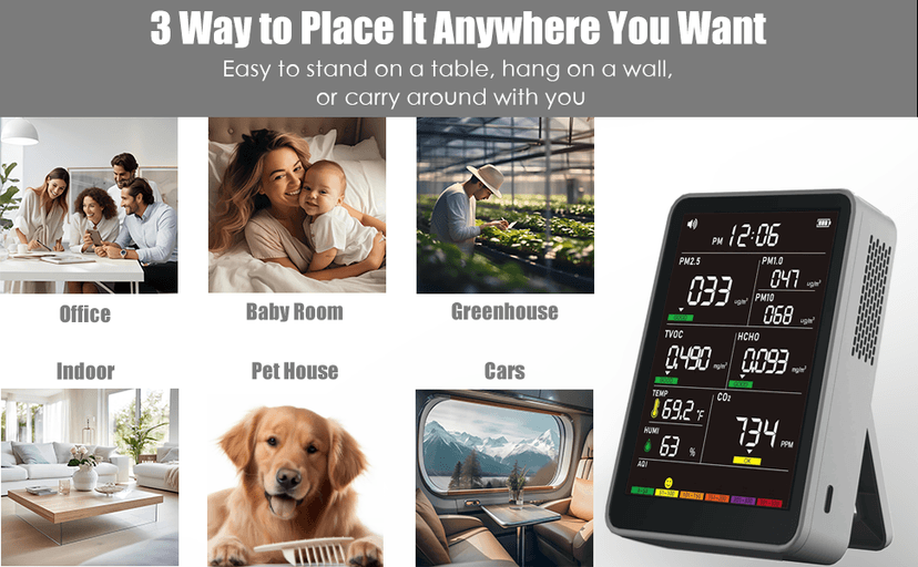 Professional Indoor Air Quality Monitor with AQI Alerts, Portable Real-Time Detector for Home, Car, Plants & Pet (Smog Gray)