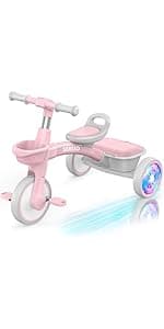 SEREED Colorful Lighting Toddler Tricycle for 2-5 Years Old Girls, Adjustable Seat&Handlebar Trike, Removable Basket, Birthday Gift Idea for Kids Ages 2+ (Pink)