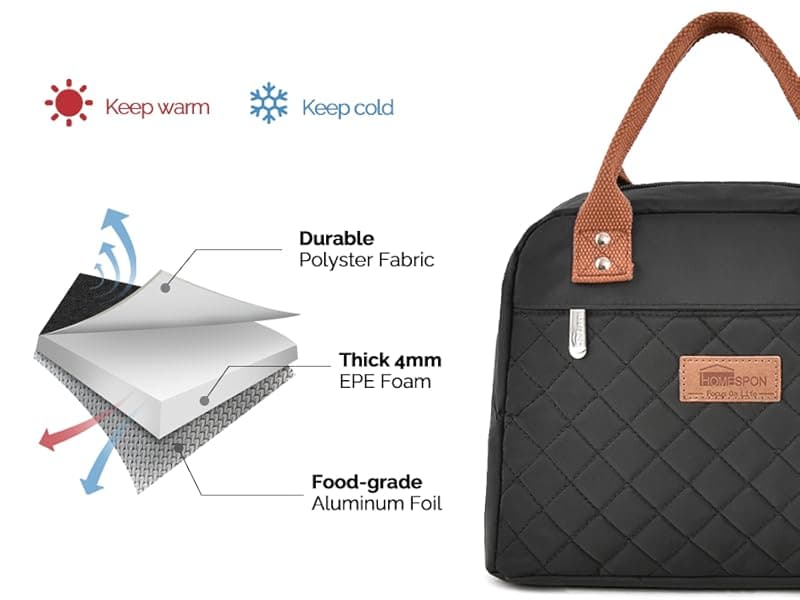 HOMESPON Insulated Lunch Bag for Women Men Adults Lunch Tote with Front Pocket Lunch Box Container Cooler Bag for Work Picnic (Black)
