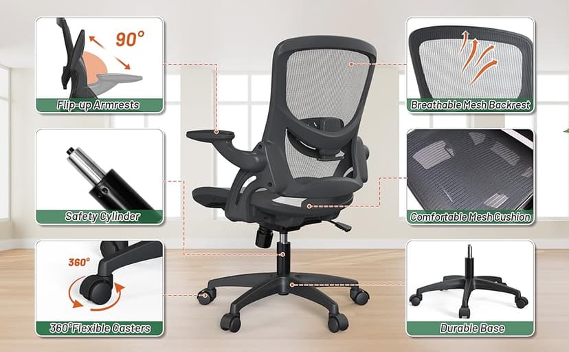Ergonomic Comfy Mesh Home Office Computer Desk Chair with Height Adjustable Lumbar Support with Flip up Arms for Adult