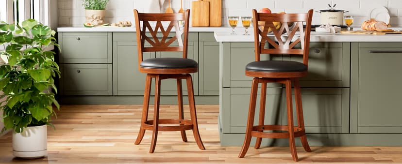 Swivel Barstools Set of 4, Farmhouse 24" Counter Height Bar Stools with Backs, Lotus Pattern Carved Bar Chair with Solid Wood Legs & Footrest for Kitchen Island, Home Bar, Pub. Brown