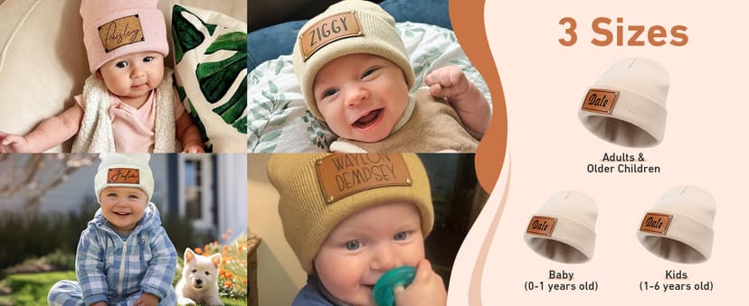 Custom Toddler Baby Beanies, Mama Mini Matching Hats, Leather Patch Baby Knit Hats, Winter Beanies for Infant, Kids Adults