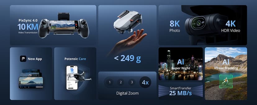 Potensic ATOM 2 Drone with Camera for Adults 4K Video, 8K Photo, Under 249g, 3-Axis Gimbal, 10KM Transmission, AI Track, Vertical Shooting, AI Night Shot, QuickShots, Fly More Combo (96-Min Flight)