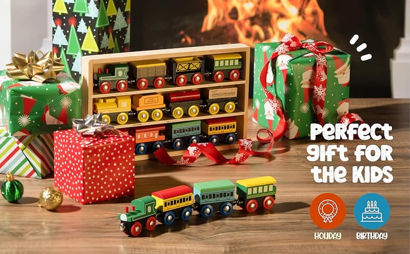 Wooden Train Set 12 PCS - Train Toys Magnetic Set Includes 3 Engines - Toy Train Sets For Kids Toddler Boys And Girls - Compatible With All Major Brands - Original - By Play22