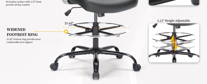 Drafting Chair, Tall Office Chair with PU Leather Seat, Ergonomic Standing Desk Chair with Lumbar Support Counter Height Office Chair with Adjustable Footrest Ring Flip-up Armrests