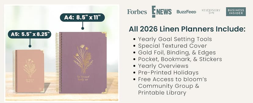 bloom daily planners HARDCOVER 2026 Planner (January to December) - A5 Task Goal Planner for Women - Monthly & Weekly Inspirational Agenda Book - 5.5" x 8.25" - Linen, Green