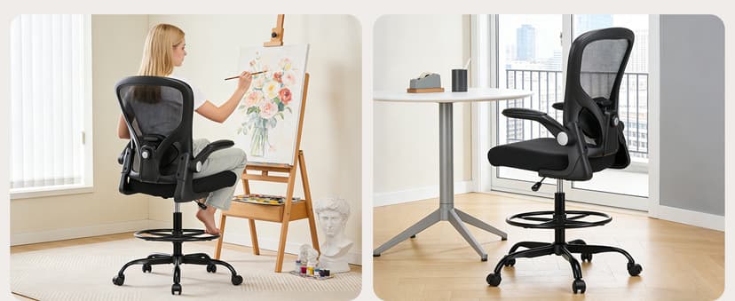 Drafting Chair, Tall Office Chair for Standing Desk, Mesh High Desk Chair with Flip-Up Armrests, Ergonomic Office Chair with Lumbar Support, Adjustable Footrest Ring Studio Chair, Black