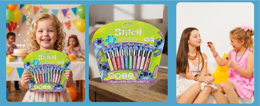 Disney Stitch 10 Piece Plant Based Lip Gloss, Girls Party Favors, First Makeup Set for Girl, Perfect for Parties, Sleepovers, and Birthday Gifts, Ages 3+, by Townley Girl