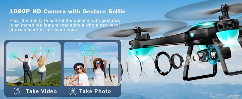 Drone with 1080P Camera, Remote Control Quadcopter with Gesture Selfie, Altitude Hold, One Key Start, 3D Flips, 2 Batteries, Black
