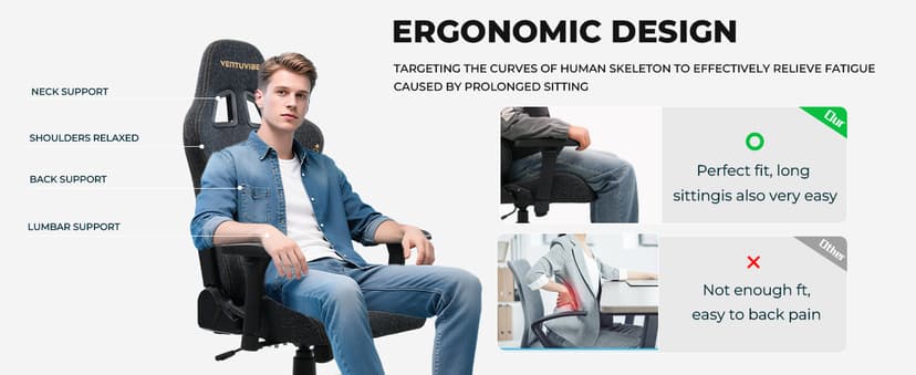 Gaming Chair 4D Adjustable Armrests - 170° Reclining & 320lb Capacity, High Back Ergonomic Computer Chair with Lumbar Support, Fabric Office Chair for Adults (Black)