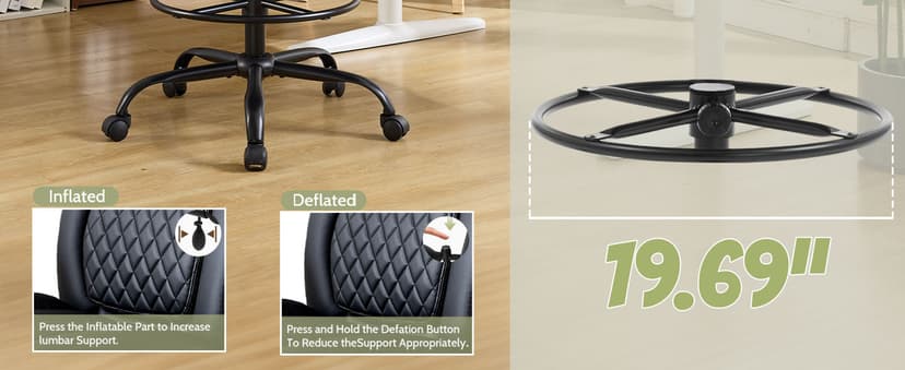 Drafting Chair,Executive Tall Office Chair Flip-up Armrests for Counter Height Desk Drawing Use,High Task Chair with Adjustable Foot Ring & Inflatable Lumbar Support, Swivel Computer Stool,PU Black