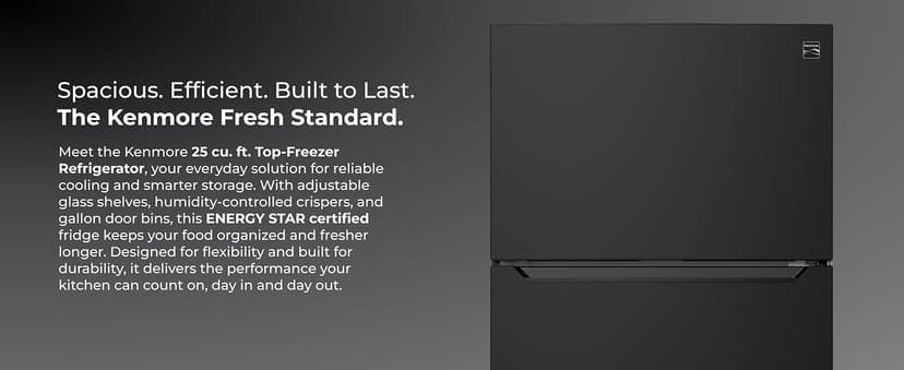 Kenmore 33" Top Mount Refrigerator with Freezer - Adjustable Shelving, Humidity-Controlled Crispers, Optional Ice Maker, LED Lighting, ENERGY STAR Certified, 25 cu. ft. Capacity - Black