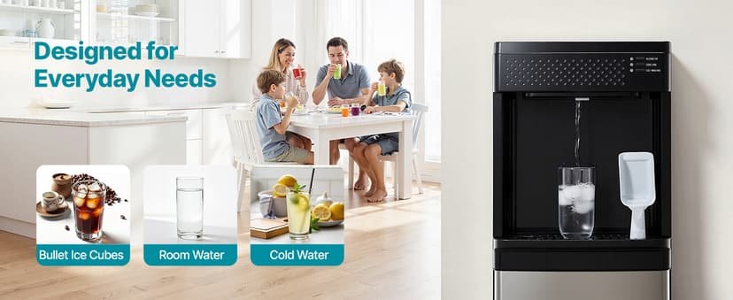 VEVOR Water Dispenser with Ice Maker, 3-in-1 Floor-Standing Water Dispenser, 33 LBS/24H, 9 Cubes/7 Min Fast Ice Making with 1.3 LBS Storage, Bullet Ice-Cubes & Cold-Water, for Home, Kitchen, Party