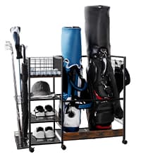 Golf Bag Organizer for Garage, Golf Accessories for Men Women, Golf Bag Stand, Golf Storage Organizer with 2 Hooks, Storage Rack for 2 Golf Bags, Sports Equipment Organize, Golf Club Holder