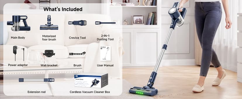 Cordless Vacuum Cleaner, Powerful Suction Vacuum Cleaners for Home, Anti-Tangle Pet Hair Brush, Lightweight, Self-Standing, Green LED Headlight, 6-in-1 Stick Vacuum for Carpet Hardwood Floor-Dark Blue