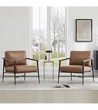 Watson & Whitely Mid Century Modern Barstools Set of 2, 26" H Upholstered Counter Height Bar Stools with Wood Armrests and Metal Legs, Fabric in Beige