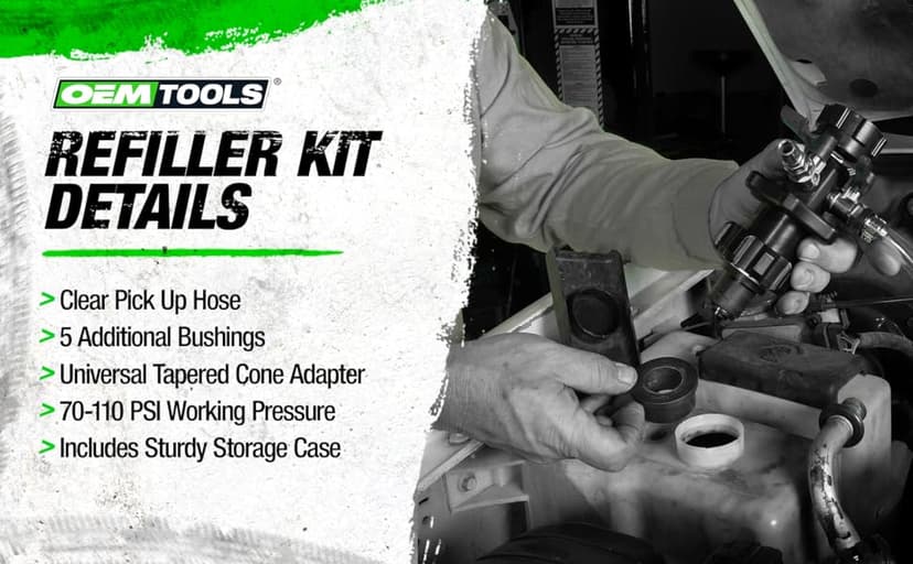 OEMTOOLS 24444 Cooling System Refiller AirEvac Kit, Quickly Refill Cooling Systems, Eliminate Trapped Air, Prevent Engine Damage, Universal Adapter, Leak Test, Includes 5 Bushings & Storage Case