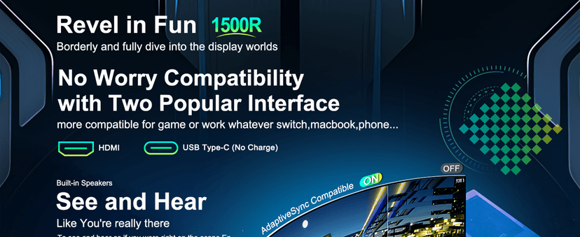 SANSUI Curved Monitor 27 inch 120Hz USB Type-C Computer Monitor with Speakers Built in丨FHD 1080p丨HDR丨110% sRGB丨1500R丨VESA Compatible,for Tablet,Desktop,Laptop and PC Work Gaming