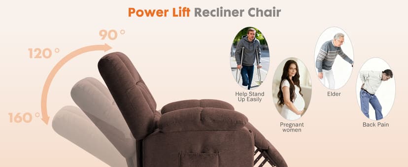 Sweetcrispy Power Lift Recliner Chair with Vibration Massage and Heat for Adults, Ergonomic Overstuffed Breathable Fabric Reclining Chair with Side Pockets, Remote Control, Living Room, Bedroom, Brown