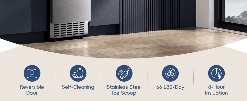 ecozy Under Counter Nugget Ice Maker Machine, Bulit-in & Freestanding, Horizontal Handle, Reversible Door, 66 Lbs/Day, Thickened Viewing Glass Window, Self-Cleaning & 24H Timer, Stainless Steel