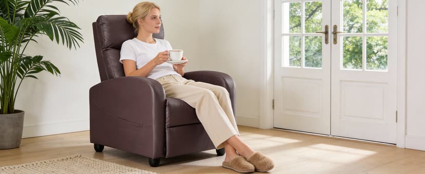 Sweetcrispy Recliner Chair PU Leather Recliner Sofa No Massage, Home Theater Seating with Lumbar Support, Adjustable Push Back Overstuffed High-Density Sponge Reclining for Living Room, Brown