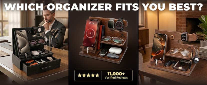 TESLYAR Wood Phone Docking Station for Men - Desktop or Nightstand Organizer - Birthday Gifts for Men, Dad - Anniversary Idea from Wife - Key Holder, Stand Wallet, Watch & Essentials (Bourbon Brown)